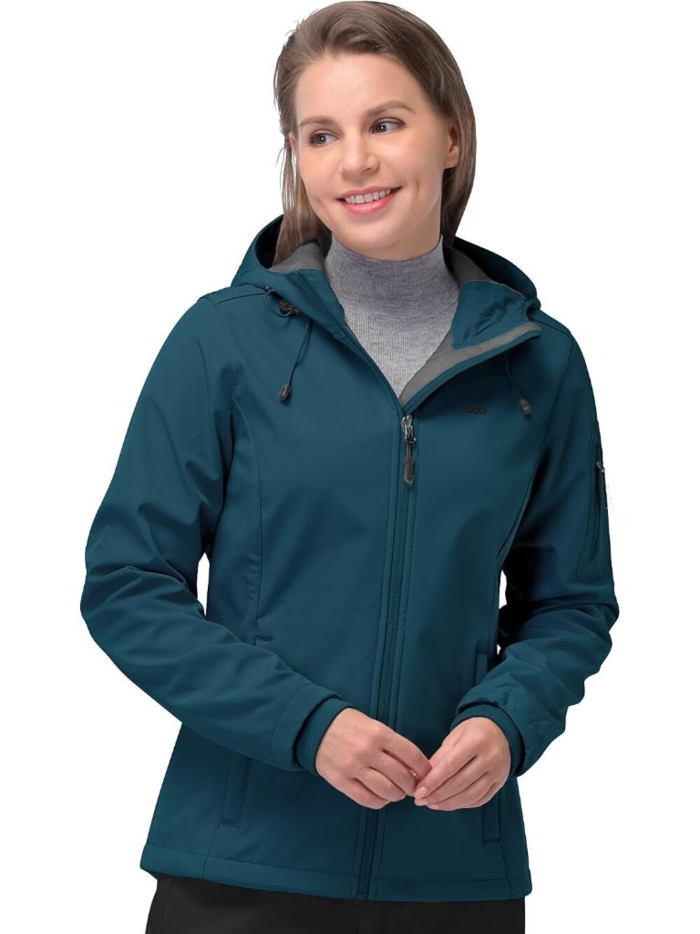 Women Cyan Hooded Fleece Lined Softshell Pockets Spring Windbreaker Rain Jacket